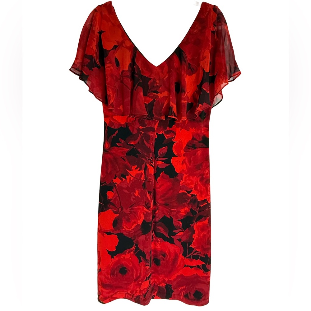 Connected Apparel Sheer Overlay Midi Dress, Vibrant Red and Black, Size 10